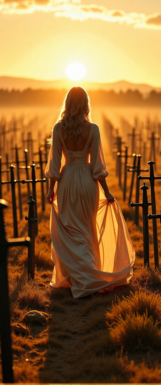 A surreal medieval scene unfolds as a woman in a flowing silk gown,  its delicate fabric billowing gracefully in the morni...