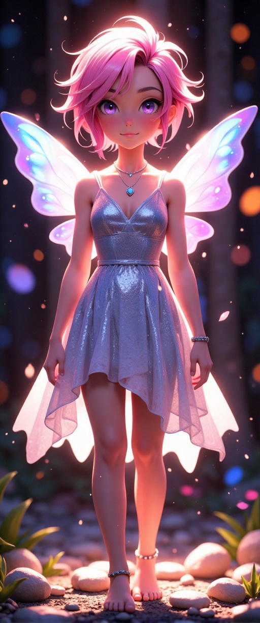 In a whimsical,  fantasy-inspired setting,  a petite fairy woman stands out with her striking features. Her bright pink pi...