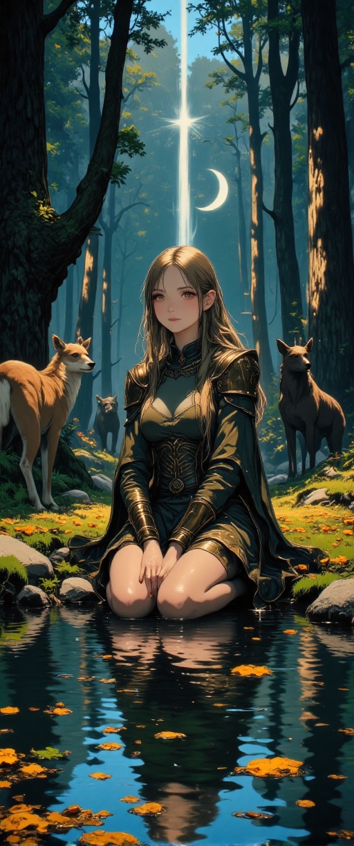 Elven sorceress kneeling by tranquil pond,  hands cradling water as ripples spread into serene expanse. Surrounded by eeri...
