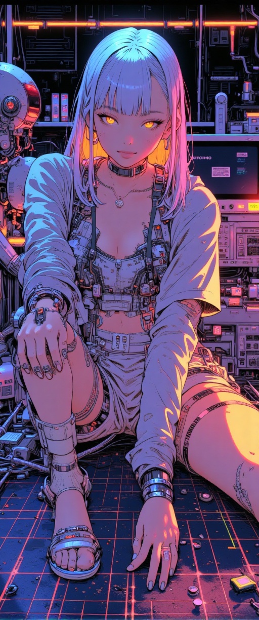 In a neon-drenched laboratory,  a futuristic scout girl sits poised on a holographic grid,  her porcelain doll-like face b...
