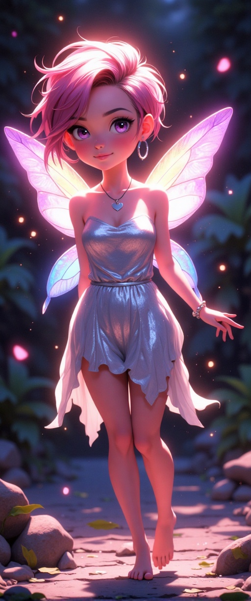 In a whimsical,  fantasy-inspired setting,  a petite fairy woman stands out with her striking features. Her bright pink pi...
