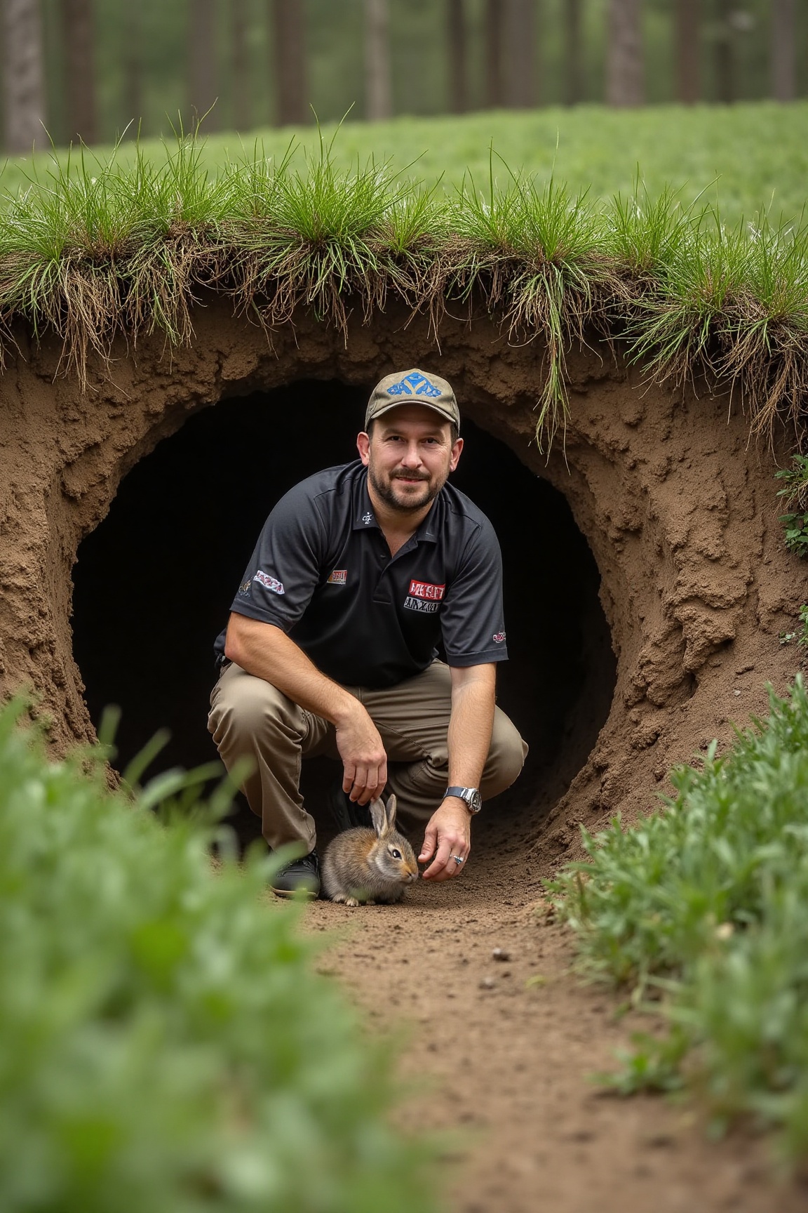 A high-resolution photograph of a man crouching by the entrance to a rabbit warren on Tensor.Art