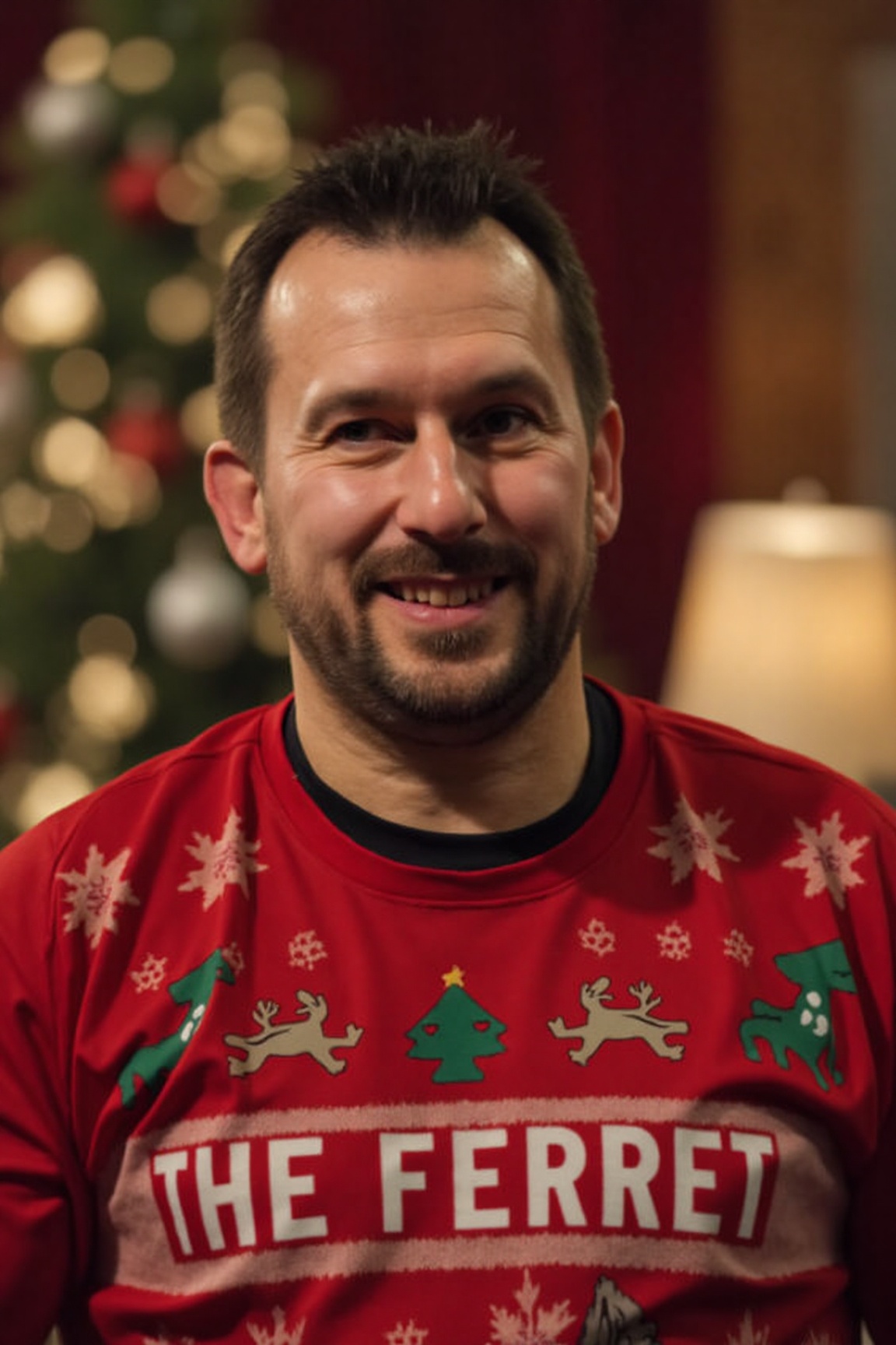 The image is a high-resolution photograph of Jonny Clayton smiling,  and wearing a Christmas themed sweater with the words...