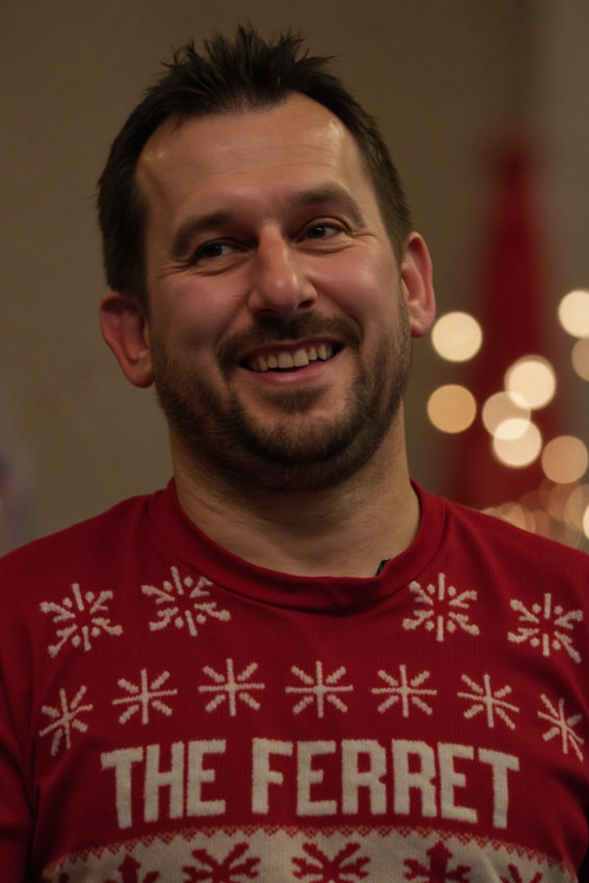 The image is a high-resolution photograph of Jonny Clayton smiling,  and wearing a Christmas themed sweater with the words...
