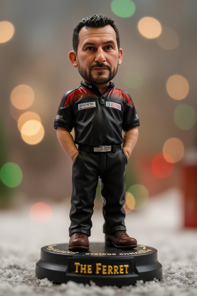 This is a high-resolution photograph of a detailed,  miniature action figure of Jonny Clayton,  standing on a round on Ten...