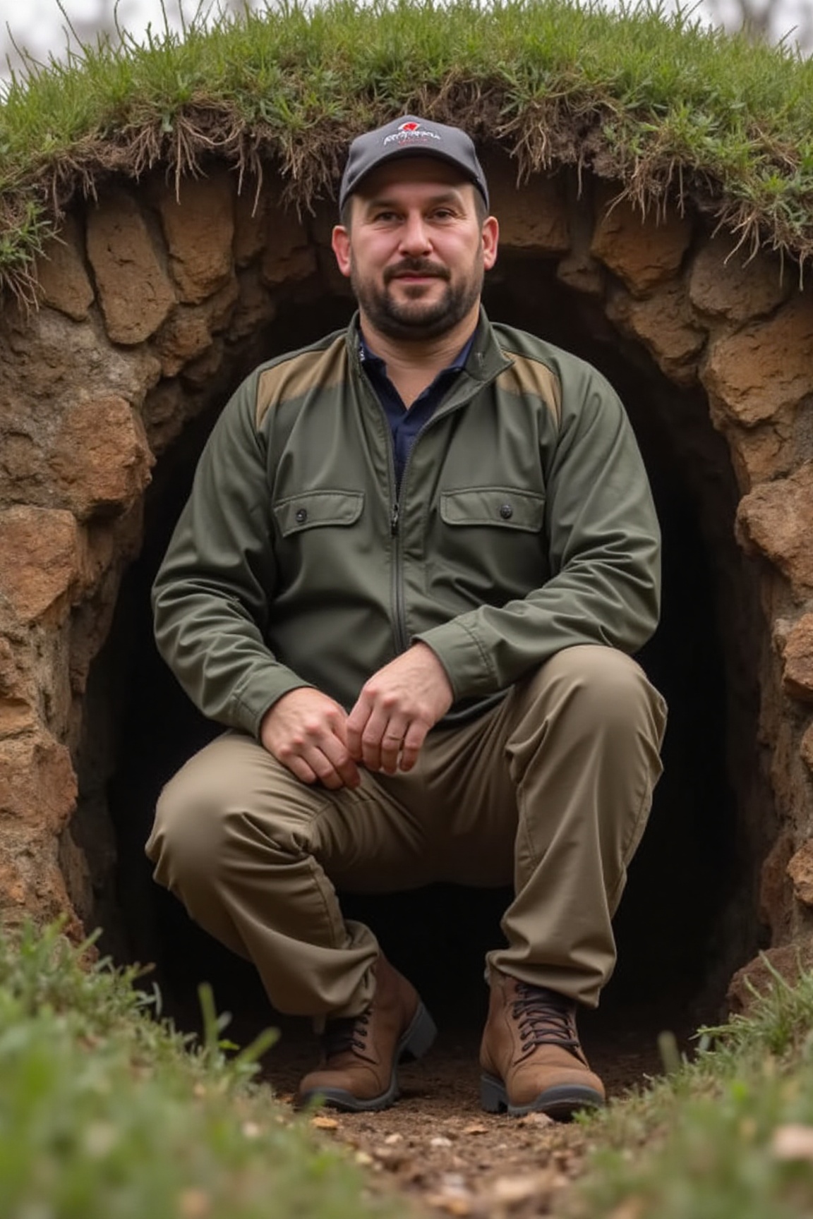 A high-resolution photograph of a man crouching by the entrance to a rabbit warren,  wearing a waxed hunting jacket. on Te...