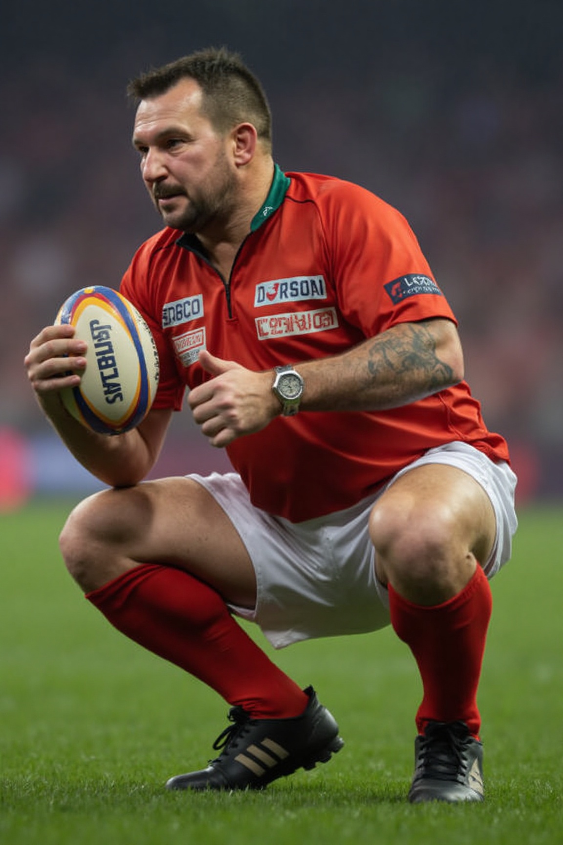 A high-resolution photograph of a man wearing a welsh rugby kit,  crouching on a rainy field with a ball tucked under his...