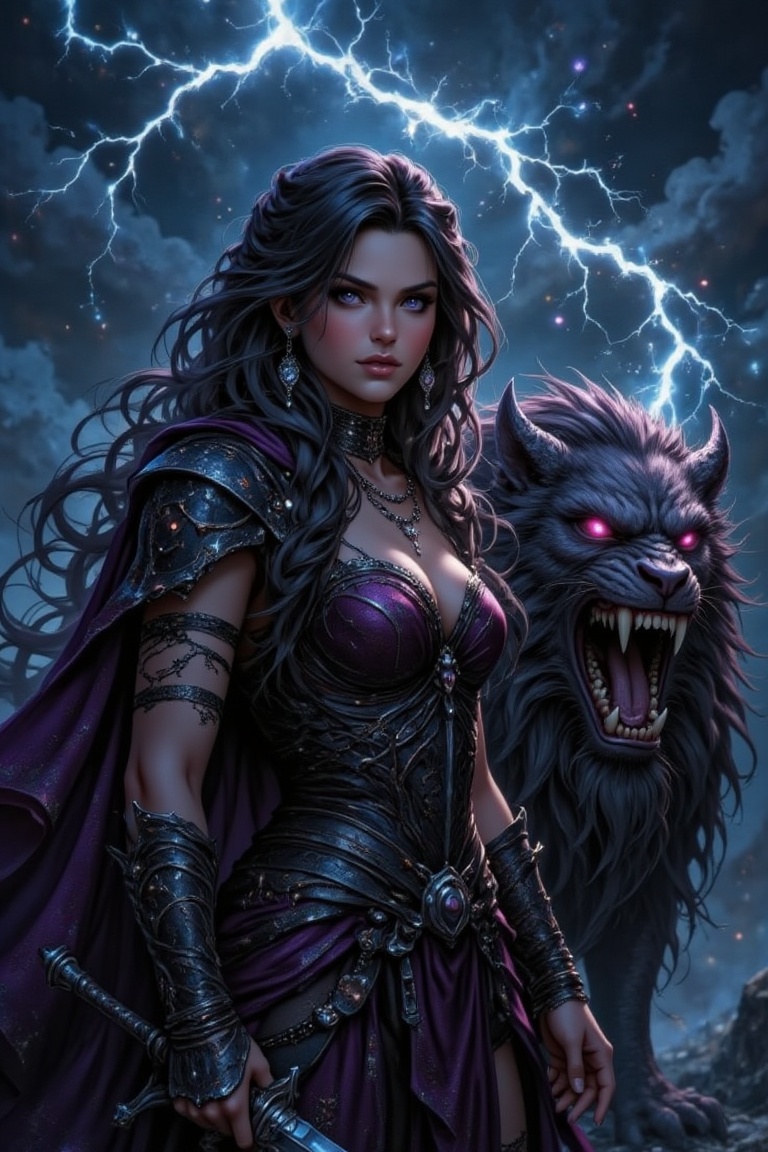A female warrior stands victoriously next to a snarling beast,  with long flowing hair,  torn armor on Tensor.Art