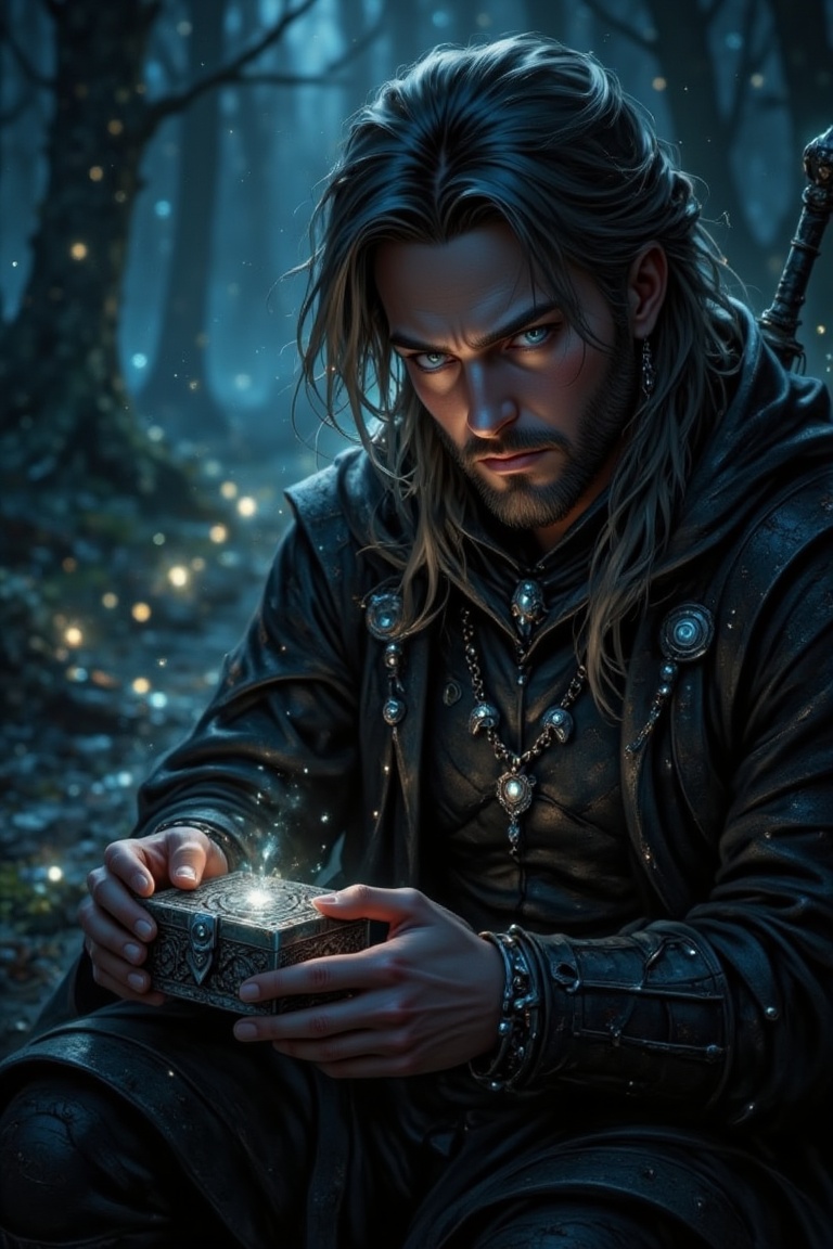 A close-up shot of a witcher,  dressed in dark leather armor and holding a silver-tipped sword,  with a fierce gaze. In th...