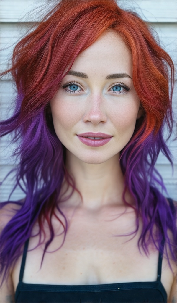 A woman of 3 with red and purple hair on Tensor.Art