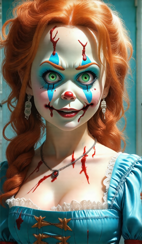 a gorgeous anime-style portrait of chucky's wife,  highly detailed face and expression,  beautiful eyes with long eyelashe...