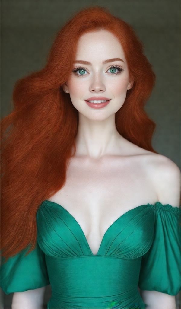 Imagine a woman with striking,  vibrant red hair that cascades in loose waves down her shoulders. Her hair catches the lig...