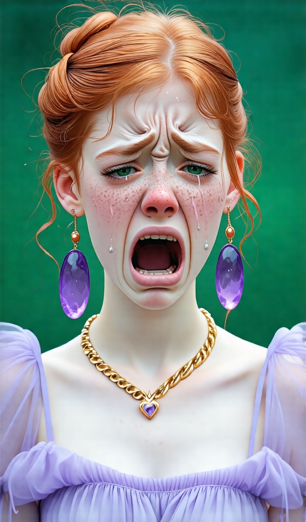 Young woman is weeping. she is with light red hair styled in a simple updo. She has green-blue eyes. She is wearing long,...