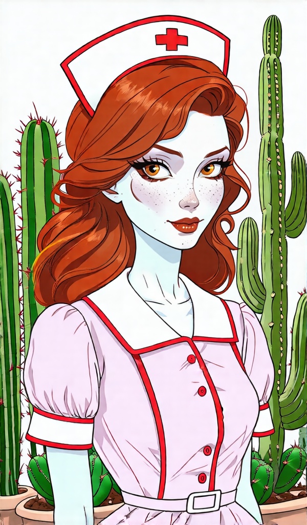 A drawing of a redhead ,  white skin,  With eyes color coffee on Tensor.Art