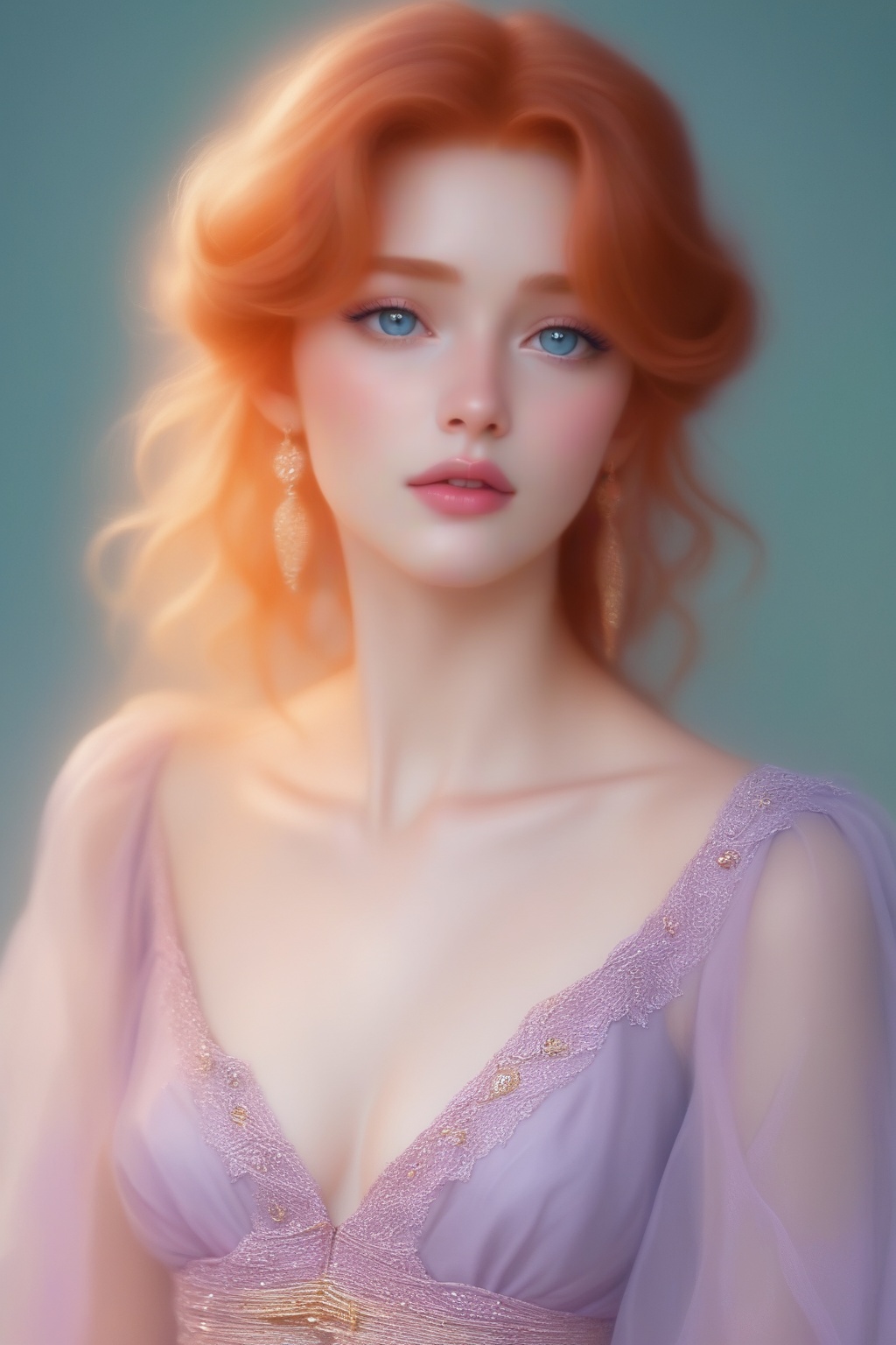 Young woman is weeping. she is with light red hair styled in a simple updo. She has green-blue eyes. She is wearing long,...