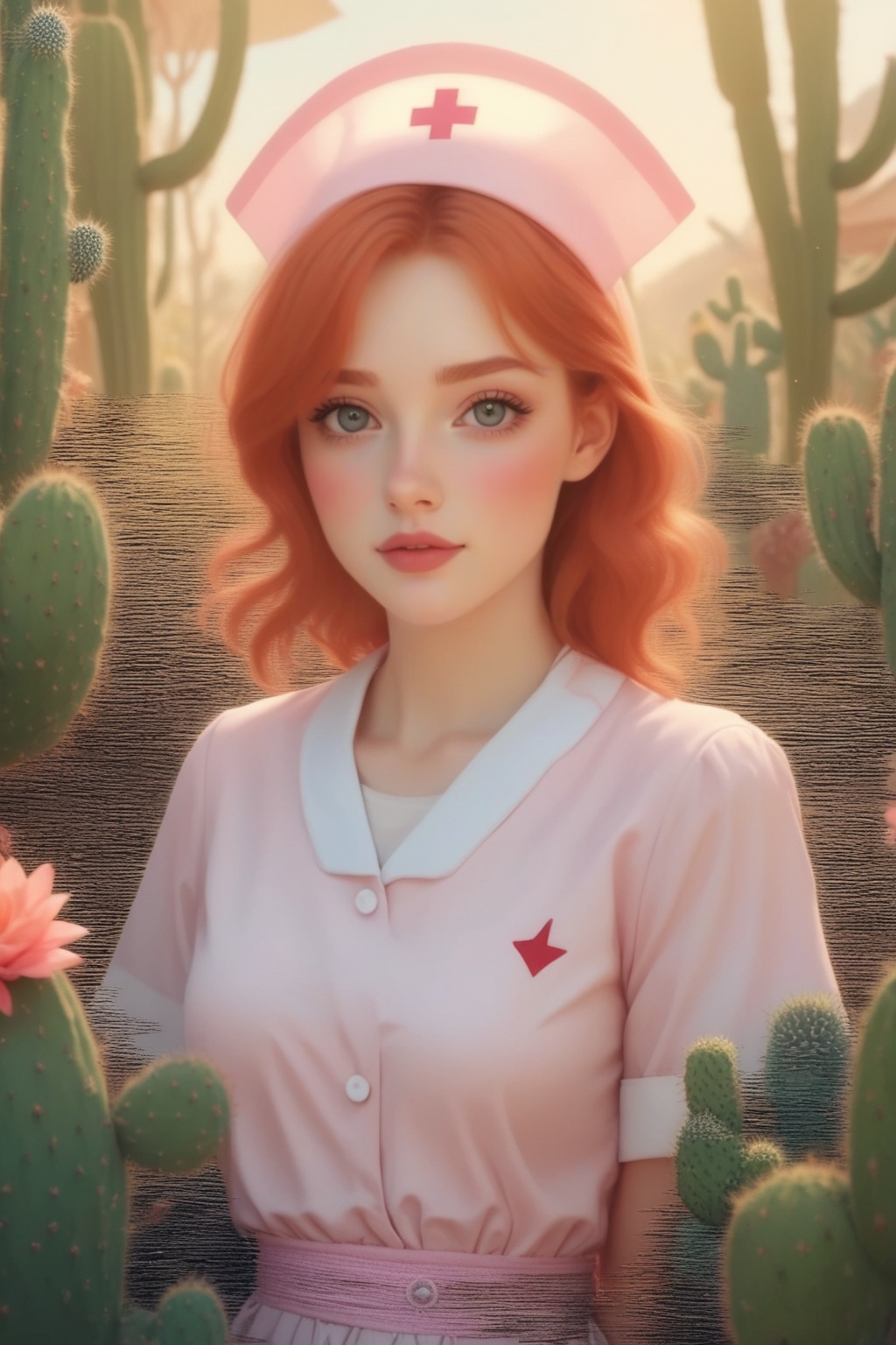 A drawing of a redhead ,  white skin,  With eyes color coffee on Tensor.Art