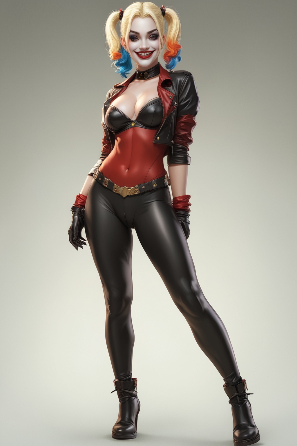 Harley Quinn full body long shot,  sexy pose in her original costume,  deviant smile on Tensor.Art