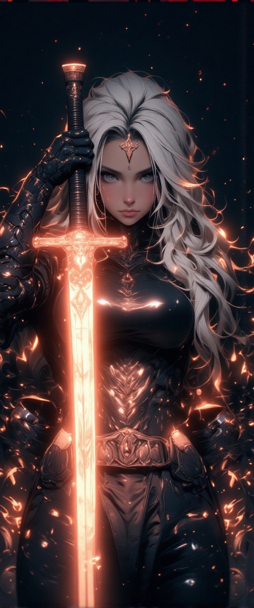 Within a carbon black ambiance,  a solitary female figure clad in rose-gold armor stands partially submerged in a mirrored...