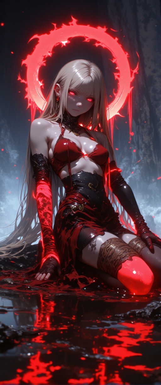 A fallen angel kneels on a misty shore,  her long hair cascading like a fiery waterfall. Semi-nude and ethereal,  she's bo...