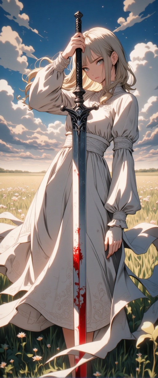 1girl,  standing in an open field under a dramatic cloudy sky,  photorealistic style on Tensor.Art