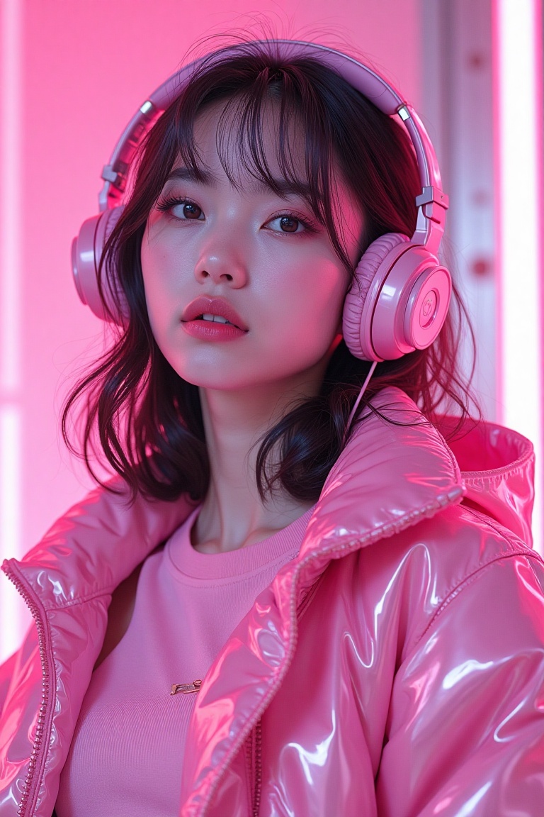 commercial portrait a girl in pink shirt and pink jacket is listening to music,  in the style of made of liquid metal,  de...