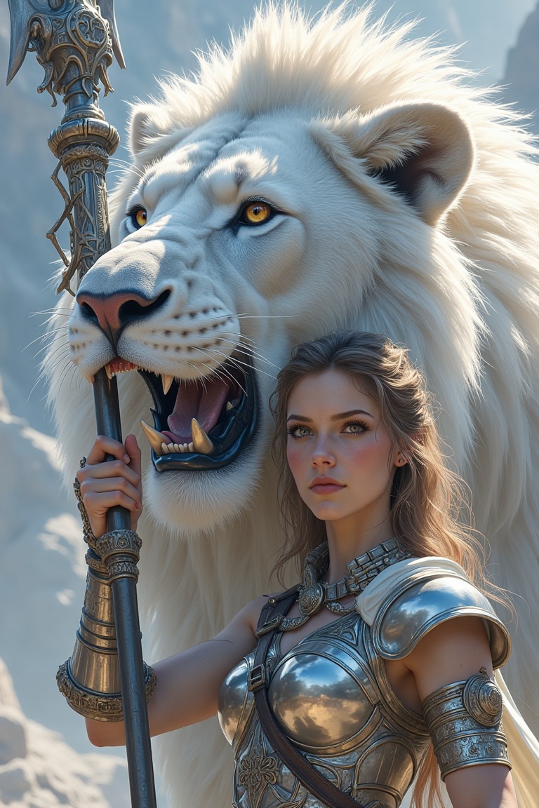A female warrior holding the head of an enormous white lion on her spear,  detailed face and eyes,  in the style of Peter...
