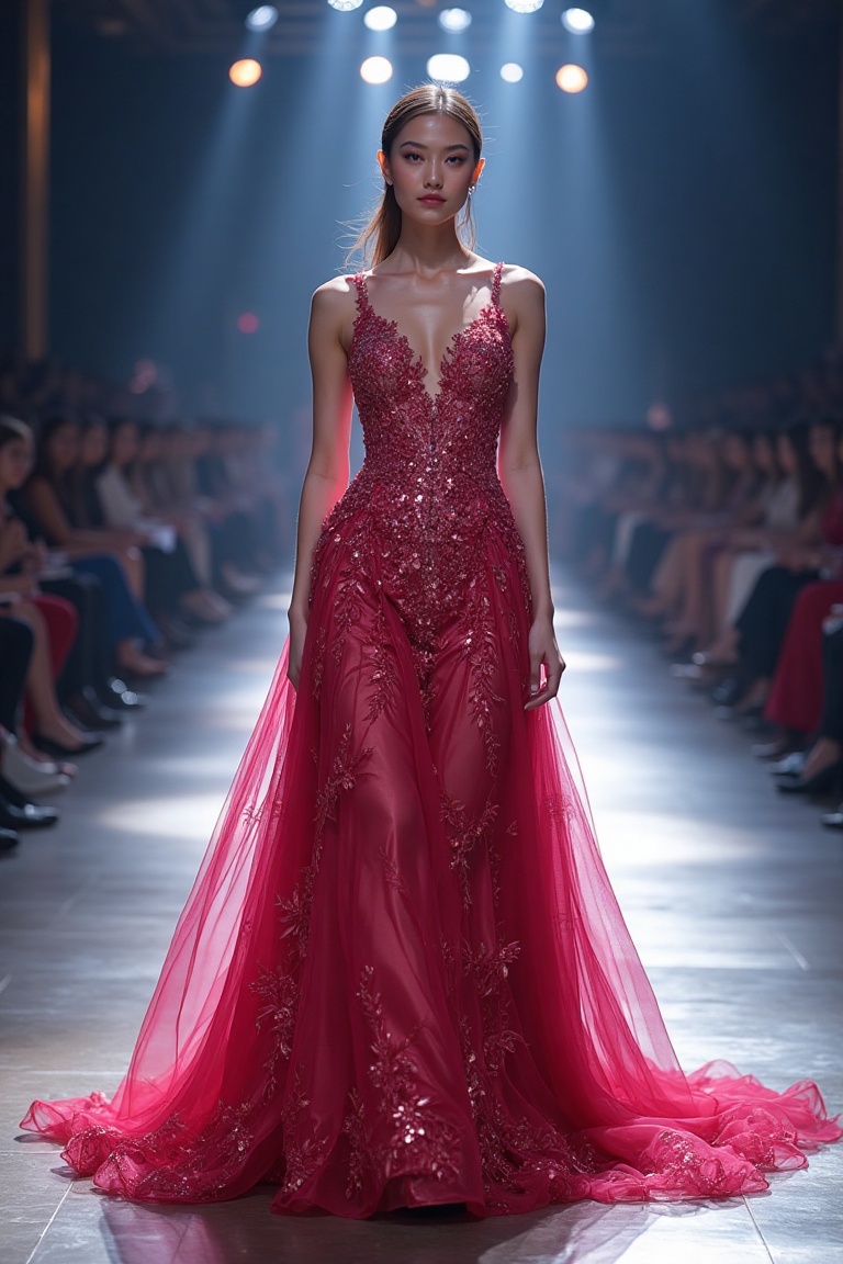 masterpiece| best quality| gorgeous female model| standing at the end of a runway| fashion show in the background| stunnin...