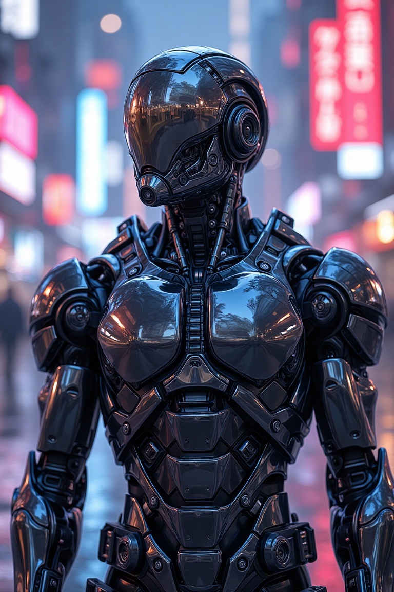 Police sci-fi wearing cybernetic black armor in a cyberpunk city,  modern exosuit,  neon lights reflections on Tensor.Art