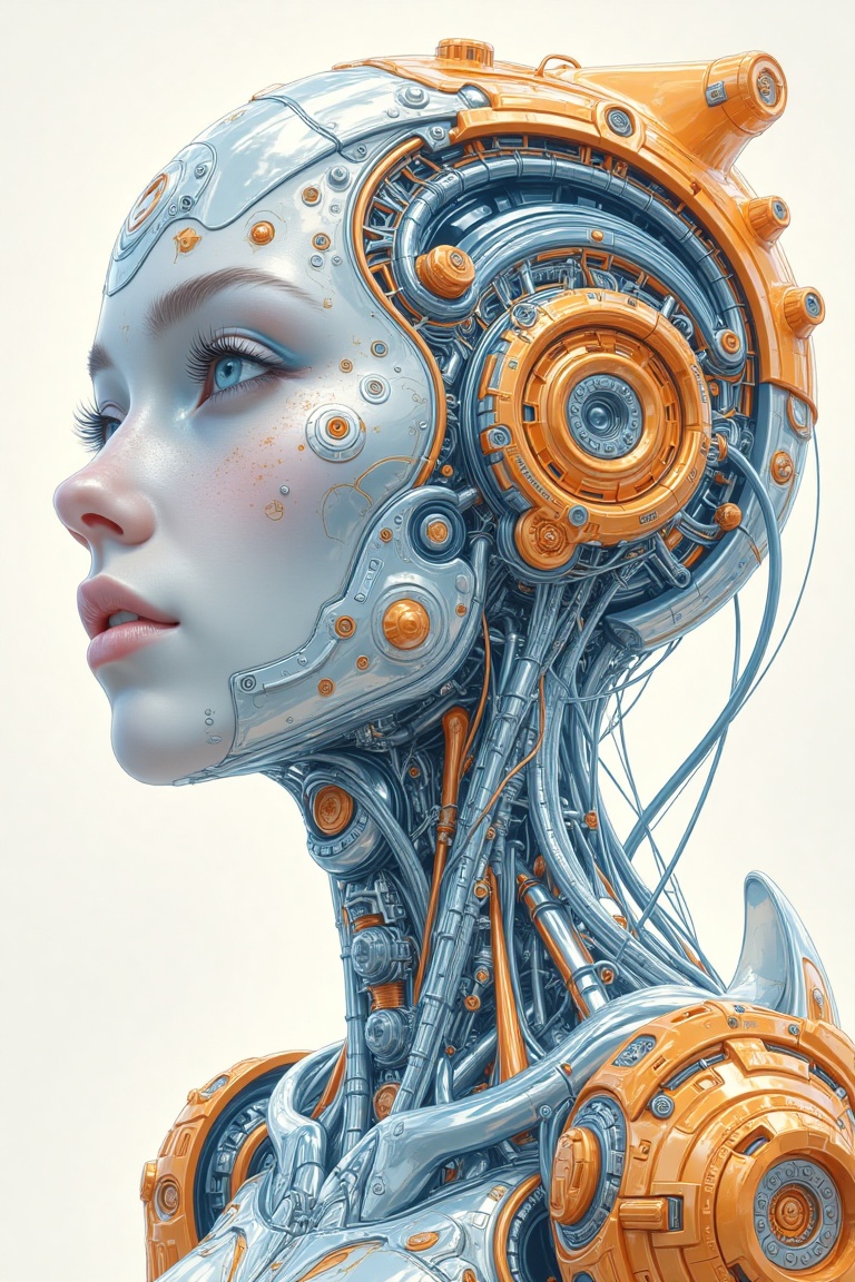 female alien cyborg art and illustration by theo el,  in the style of balanced symmetry,  light orange and cyan on Tensor.Art