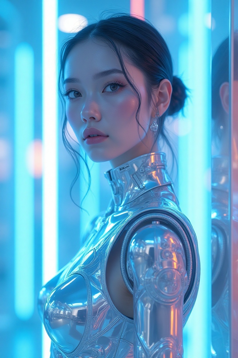 a woman in futuristic dress is posing in front of a neon light,  in the style of realistic hyper-detailed rendering,  whit...