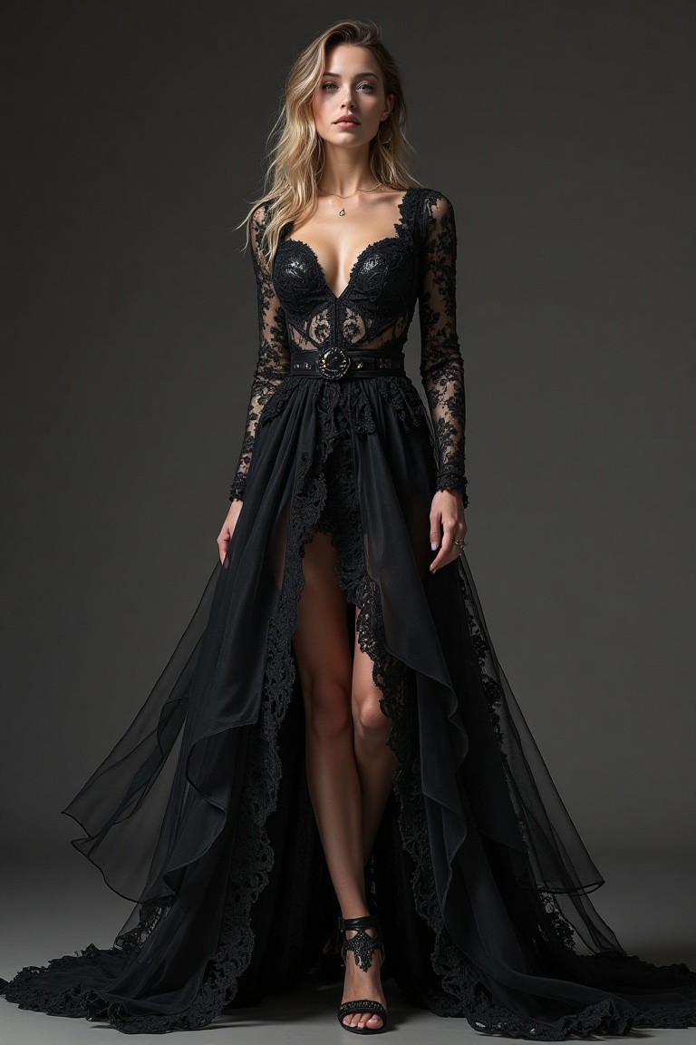 a stunning instagram model in black with open high heels,  open lace luxury dress,  in the style of multi-layered textures...