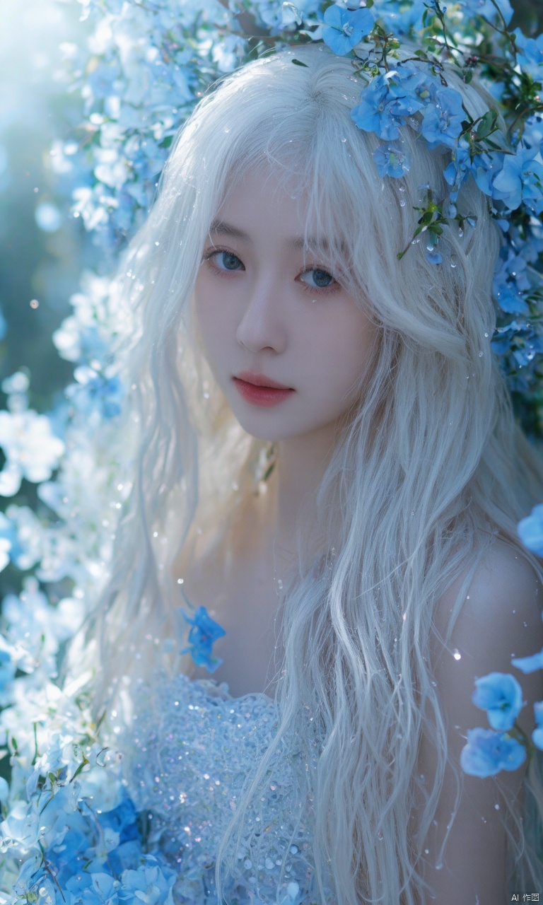 A photograph of beautiful hubggirl, (super realistic, best quality:1.25), depth, cinematic light, 
BREAK
A stunning blonde Hubggirl w/ long ethereal white hair, adorned w/ blue flowers, air full of sparkly droplets, soft light, dreamy atmosphere. 
BREAK 
perfect hands, perfect light, vibrant colors, intricate details, highly detailed skin, pale skin, photorealistic, raw, analog, taken by Sony Alpha 7R IV, Zeiss Otus 85mm F1.4, ISO 100 Shutter Speed 1/400, Vivid picture, intricate background,