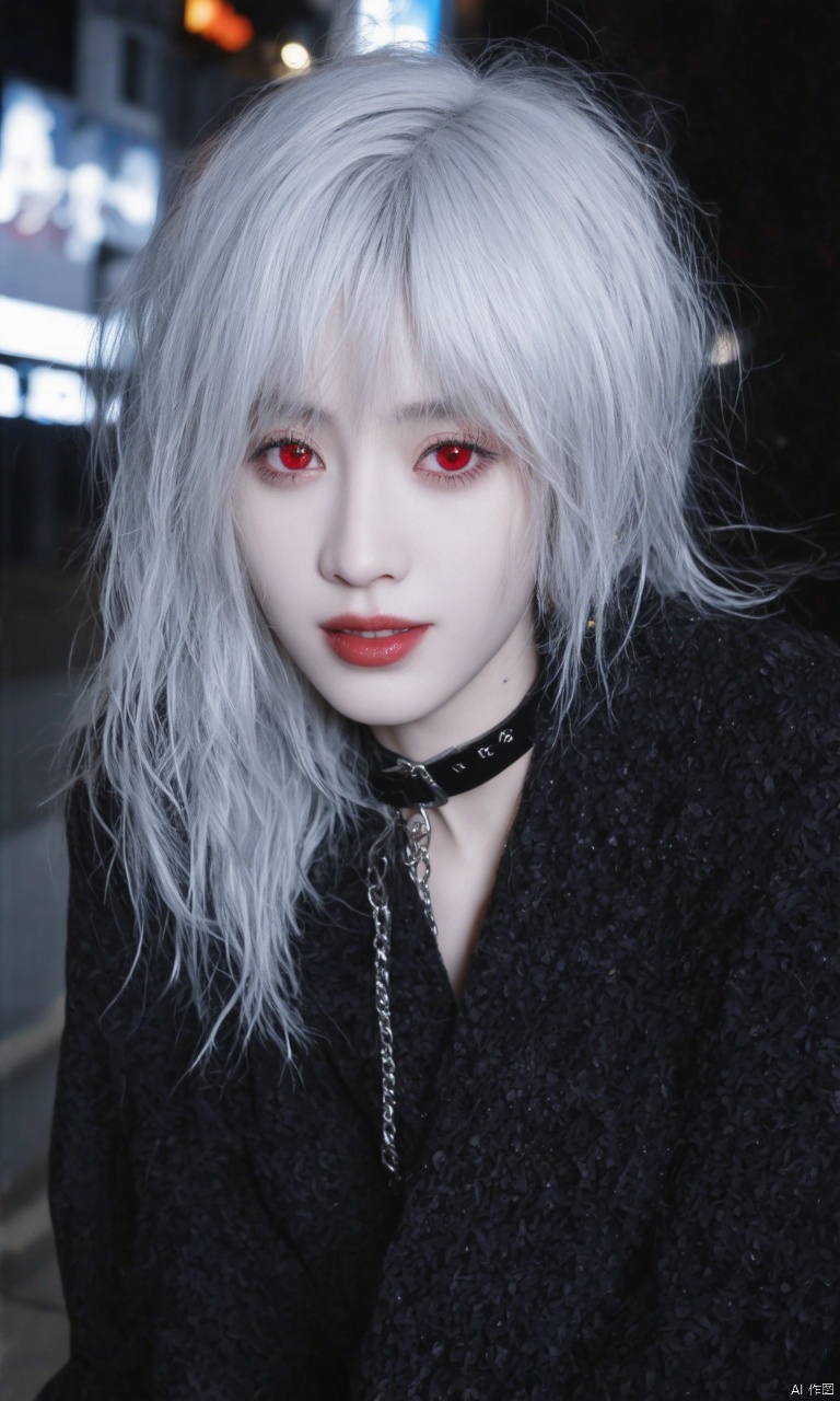 A photograph of beautiful hubggirl, (super realistic, best quality:1.25), depth, cinematic light, BREAK hubgwomen, white hair, red eyes, in cityscape, cute, lip biting, leaning forward, detailed face, choker, dark, messy hair, at nighttime, fashion model, full body. BREAK perfect hands, perfect light, vibrant colors, intricate details, highly detailed skin, pale skin, photorealistic, raw, analog, taken by Sony Alpha 7R IV, Zeiss Otus 85mm F1.4, ISO 100 Shutter Speed 1/400, Vivid picture, intricate background,