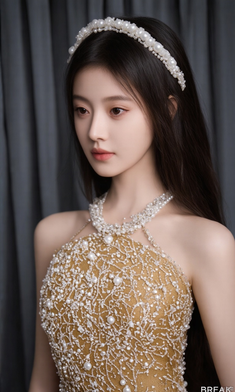 A photograph of beautiful hubggirl, (super realistic, best quality:1.25), depth, cinematic light, 
BREAK
a close-up shot of a young Asian woman with long dark brown hair, wearing a gold sleeveless dress adorned with white beads and pearls. She is wearing a white headband adorned with small white beads, adding a touch of sparkle to her outfit. The backdrop is a dark gray curtain, creating a stark contrast to the woman's dress.
BREAK 
perfect hands, perfect light, vibrant colors, intricate details, highly detailed skin, pale skin, photorealistic, raw, analog, taken by Sony Alpha 7R IV, Zeiss Otus 85mm F1.4, ISO 100 Shutter Speed 1/400, Vivid picture, intricate background,