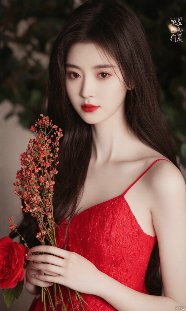 A photograph of beautiful hubggirl, (super realistic, best quality:1.25), depth, cinematic light, BREAK Young Asian hubggirl, long dark brown hair, red sleeveless dress, red lips, holding flower, hair back, blurred bg. BREAK perfect hands, perfect light, vibrant colors, intricate details, highly detailed skin, pale skin, photorealistic, raw, analog, taken by Sony Alpha 7R IV, Zeiss Otus 85mm F1.4, ISO 100 Shutter Speed 1/400, Vivid picture, intricate background,
