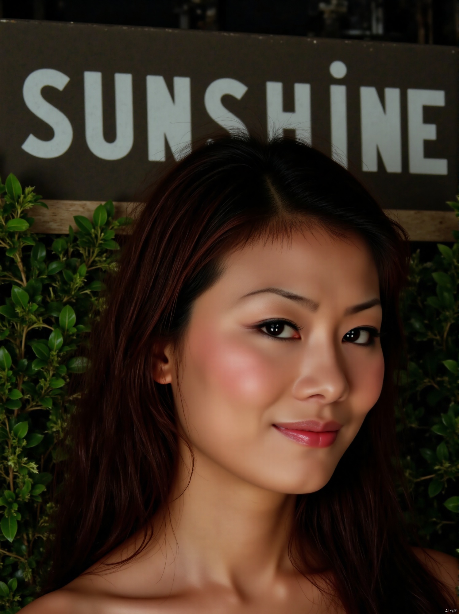 (RAW photo, 4k, realistic, exquisitely detailed skin),masterpiece,best quality,unity 8k wallpaper,ultra detailed,cinematic look,natural skin texture,extremely realistic skin texture,finely detailed face,(film grain:1.2),cinematic angle,Fujifilm XT3,,(highlydetailed),(bright scene),(A serene portrait of a stunning woman, gazing directly into the lens with an air of detachment, her piercing eyes seemingly oblivious to the viewer's presence. Soft, natural lighting casts a warm glow on her porcelain skin, while her raven tresses cascade down her back like a waterfall of night. Her lips, painted a subtle crimson, curve into a gentle, enigmatic smile, hinting at secrets kept behind an impenetrable facade.),(detailed lighting),(contrast),(mysterious atmosphere),,vivid illumination,,masterful technique,,harmonious composition,,immersive atmosphere,,stunning visuals,The bold emblazoned words SUNSHINE amidst lush greenery create a striking visual counterpoint to her melancholic expression, bathed in the soft glow of street lamps.
