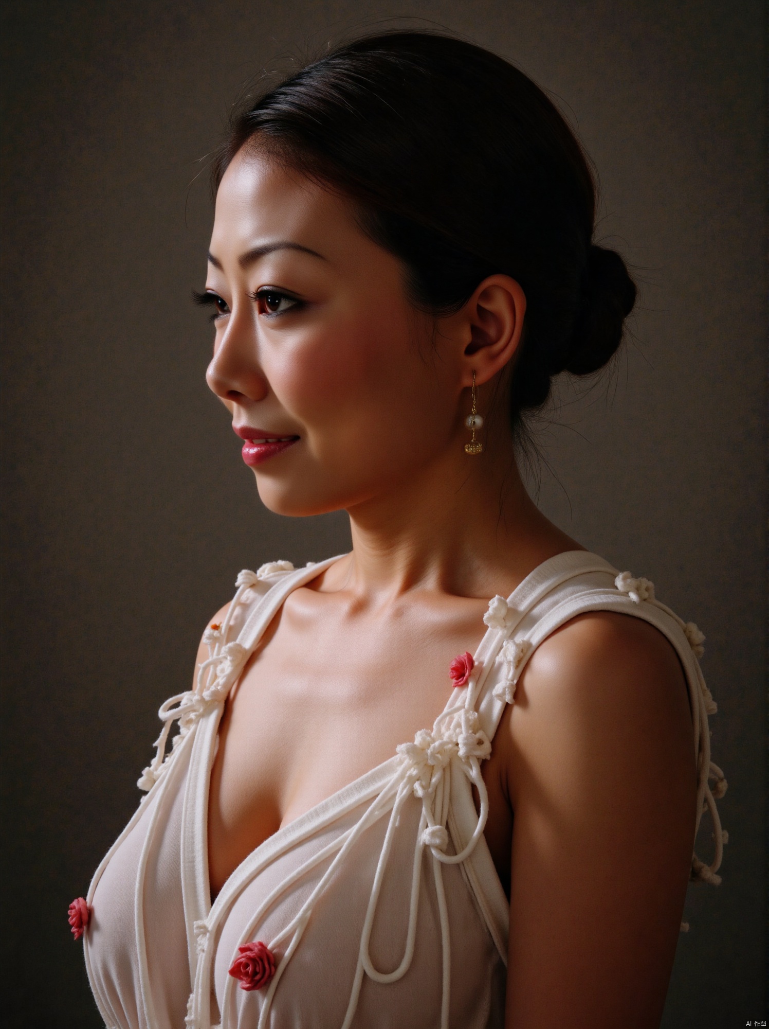 Slow-motion shot on Kodak 5207 65mm film using Arri Alexa 65 IMAX, capturing the essence of nostalgia. The camera pans across a solo figure with striking black hair, tied in a sleek ponytail, wearing a flowing dress that showcases her curves. Her piercing brown eyes and full lips seem to radiate warmth as she gazes off-camera. A delicate necklace adorns her neck, drawing attention to her elegant upper body. The dusty, grainy texture of the film adds an air of authenticity, while the low-key lighting creates long shadows that emphasize her features. In stunning 16K resolution, every detail - from the jewelry to the subtle curve of her smile - is rendered in breathtaking full color grading.
