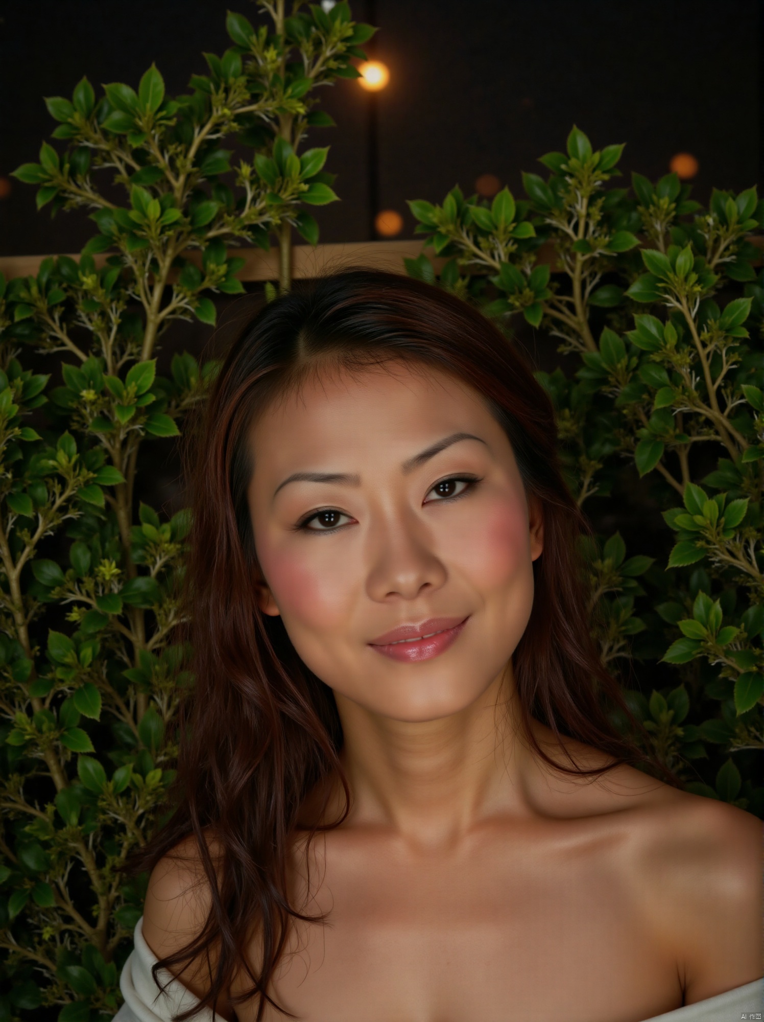 (RAW photo, 4k, realistic, exquisitely detailed skin),masterpiece,best quality,unity 8k wallpaper,ultra detailed,cinematic look,natural skin texture,extremely realistic skin texture,finely detailed face,(film grain:1.2),cinematic angle,Fujifilm XT3,,(highlydetailed),(bright scene),(A serene portrait of a stunning woman, gazing directly into the lens with an air of detachment, her piercing eyes seemingly oblivious to the viewer's presence. Soft, natural lighting casts a warm glow on her porcelain skin, while her raven tresses cascade down her back like a waterfall of night. Her lips, painted a subtle crimson, curve into a gentle, enigmatic smile, hinting at secrets kept behind an impenetrable facade.),(detailed lighting),(contrast),(mysterious atmosphere),,vivid illumination,,masterful technique,,harmonious composition,,immersive atmosphere,,stunning visuals,The bold emblazoned words SUNSHINE amidst lush greenery create a striking visual counterpoint to her melancholic expression, bathed in the soft glow of street lamps.
