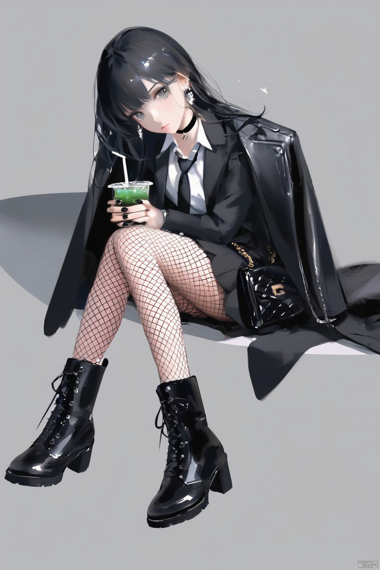 1girl, boots, black hair, fishnets, pantyhose, cup, long hair, fishnet pantyhose, black footwear, solo, skirt, necktie, bag, jacket, bug, black skirt, black jacket, shirt, earrings, jewelry, butterfly, full body, nail polish, sitting, black necktie, choker, black nails, english text, animal, looking at viewer, knee boots, drinking straw, black choker, grey eyes, jacket on shoulders, handbag, own hands together, grey background, cat
artist:wlop