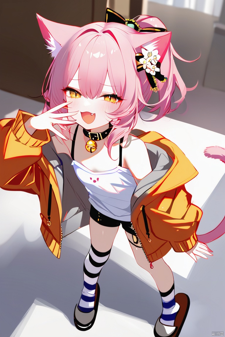 1girl,(masterpiece),(best quality),1petite loli,solo.pink hair,long pink hair,(yellow eyes),puffy sleeves,fur-trimmed jacket,hair flower,fipped hair,high ponytail,loose over_sized Casual T-shirt,white shirt,hoodie coat,slippers;relaxed,looking at viewer,standing,open mouth,fang,laugh,smug,╯∇╰,laughing,thigh strap,:3,cat ears,cat tail,animal ear fluff,cat girl,Bell collar,half-closed eyes,hand up,cover up one's mouth,Thigh-high striped socks,striped thighhighs,bare shoulders,off shoulder,

Sheya - artist:sheya