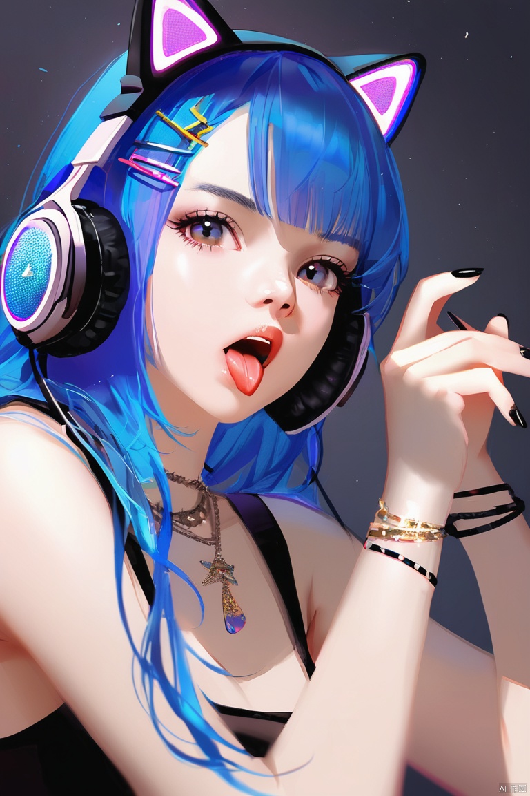 1girl, solo, long hair, open mouth, hair ornament, animal ears, jewelry, blue hair, upper body, multicolored hair, tongue, hairclip, cat ears, tongue out, necklace, nail polish, two-tone hair, lips, fingernails, gradient hair, fake animal ears, headphones, black nails, realistic, nose, animal ear headphones, cat ear headphones

(artist:glutton:0.6)
