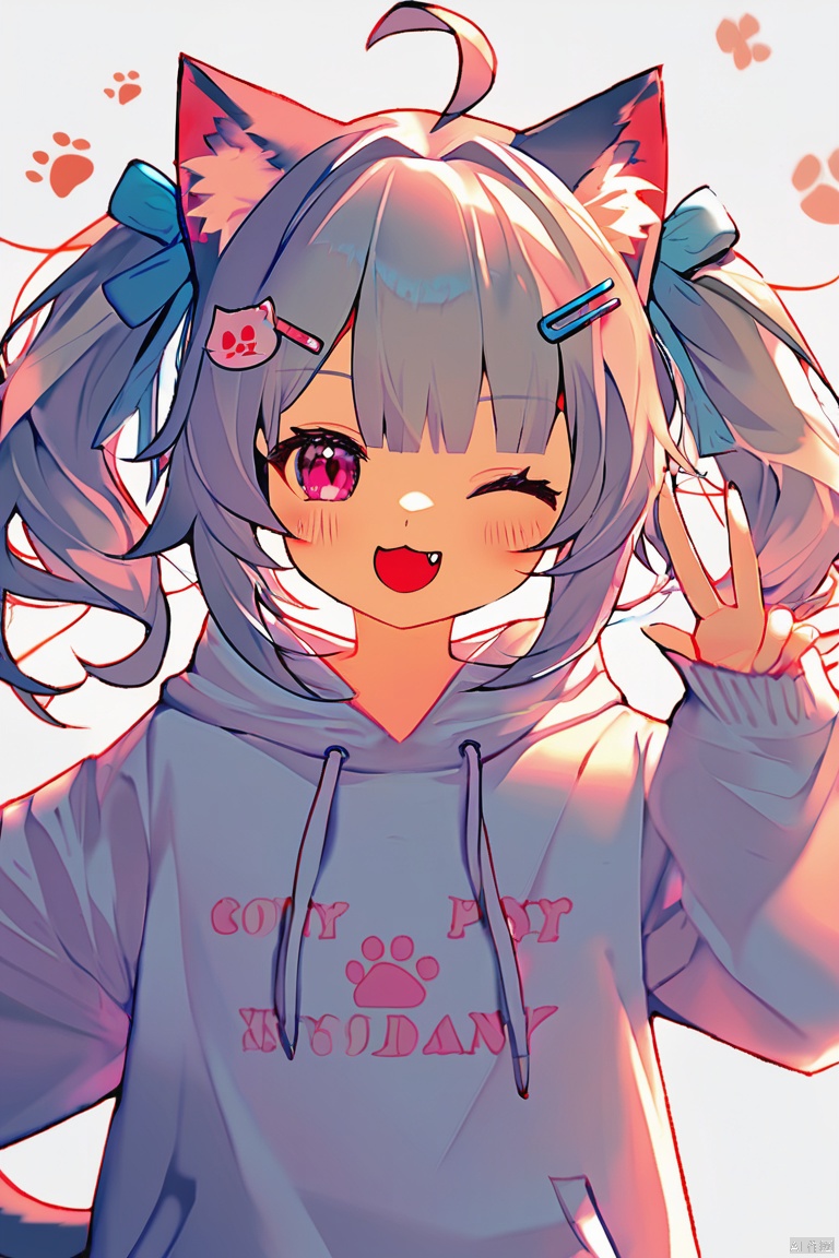 1girl, solo, long hair, looking at viewer, blush, smile, open mouth, bangs,pink eyes, simple background, hair ornament, long sleeves, white background, animal ears, twintails, tail, upper body, ahoge, white hair, one eye closed, hairclip, fang, cat ears, hand up, hood, animal ear fluff, sleeves past wrists, hoodie, hood down, ;d, cat girl, clothes writing, paw print, white hoodie,loli,petite

,(artist:kikinoki:0.6)