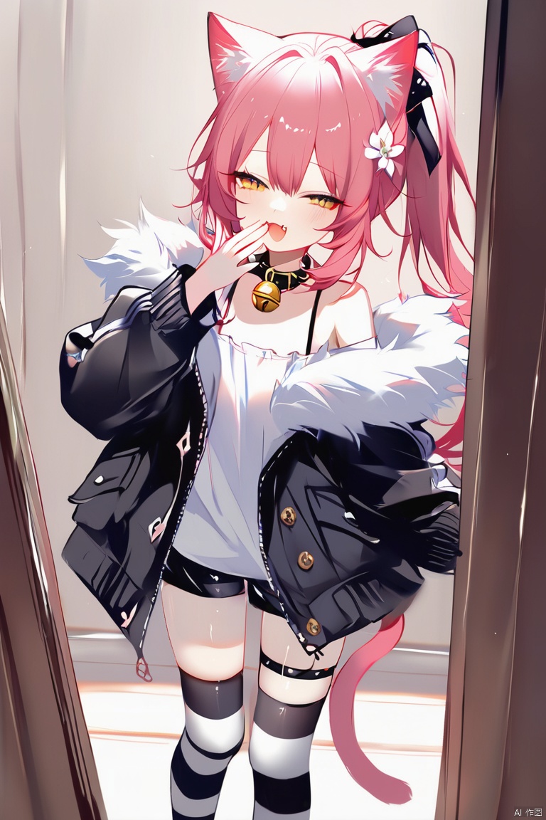 1girl,(masterpiece),(best quality),1petite loli,solo.pink hair,long pink hair,(yellow eyes),puffy sleeves,fur-trimmed jacket,hair flower,fipped hair,high ponytail,loose over_sized Casual T-shirt,white shirt,hoodie coat,slippers;relaxed,looking at viewer,standing,open mouth,fang,laugh,smug,╯∇╰,laughing,thigh strap,:3,cat ears,cat tail,animal ear fluff,cat girl,Bell collar,half-closed eyes,hand up,cover up one's mouth,Thigh-high striped socks,striped thighhighs,bare shoulders,off shoulder,

Sheya - artist:sheya