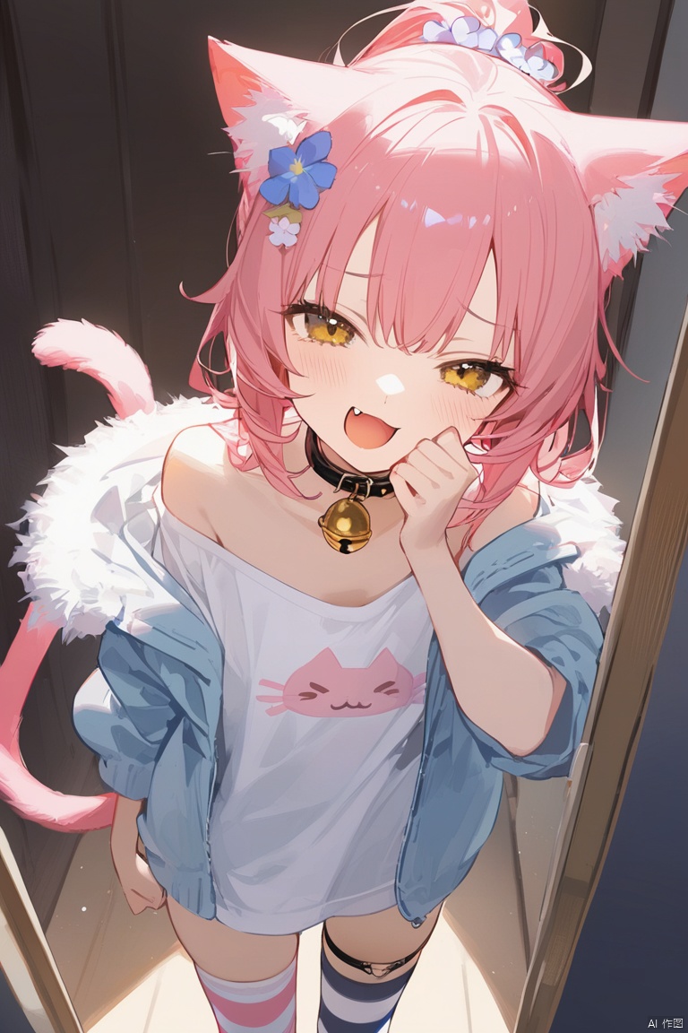 1girl,(masterpiece),(best quality),1petite loli,solo.pink hair,long pink hair,(yellow eyes),puffy sleeves,fur-trimmed jacket,hair flower,fipped hair,high ponytail,loose over_sized Casual T-shirt,white shirt,hoodie coat,slippers;relaxed,looking at viewer,standing,open mouth,fang,laugh,smug,╯∇╰,laughing,thigh strap,:3,cat ears,cat tail,animal ear fluff,cat girl,Bell collar,half-closed eyes,hand up,cover up one's mouth,Thigh-high striped socks,striped thighhighs,bare shoulders,off shoulder,
