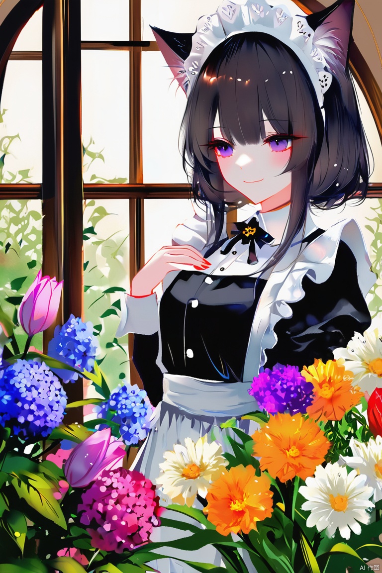 [artist: wlop], [[artist: sheya]], artist: hitenkei,(good work), (best quality), illustration, depth of field, (color),masterpiece,best quality,1girl, animal_ear_fluff, animal_ears, apron, bangs, black_flower, black_hair, blue_flower, blush, bouquet, cat_ears, closed_mouth, daisy, door, eyebrows_visible_through_hair, flower, flower_field, hand_on_own_chest, hand_up, holding_bouquet, holding_flower, hydrangea, indoors, juliet_sleeves, lily_\(flower\), long_sleeves, maid, maid_headdress, orange_flower, pink_flower, plant, potted_plant, puffy_sleeves, purple_eyes, purple_flower, red_flower, rose, round_window, shirt, smile, solo, standing, tulip, vase, white_apron, white_flower, white_rose, white_shirt, window, yellow_flower
