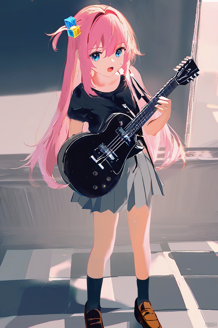 ,(artist:ningen_mame:0.9),(artist:sho_(sho_lwlw):0.9),(artist:rhasta:0.9),(artist:wlop:0.7),(artist:ke-ta:0.6),Artist himitsu_\(hi_mi_tsu_2\),(tianliang duohe fangdongye:0.5),(hiten \(hitenkei\):0.6), 1girl, instrument, electric guitar, guitar, gotoh hitori, skirt, pink hair, shirt, long hair, hair ornament, holding instrument, solo, cube hair ornament, black shirt, holding, sweat, blue eyes, black socks, socks, gibson les paul, pleated skirt, shoes, short sleeves, brown footwear, music, playing instrument, hair between eyes, standing, t-shirt, open mouth, blush, looking at viewer, one side up, checkered floor, loafers, grey skirt, breasts, blurry
