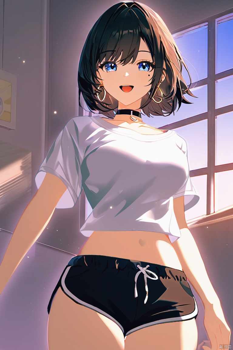 1girl, shorts, solo, breasts, choker, dolphin shorts, navel, shirt, crop top, white shirt, blue eyes, black choker, midriff, black shorts, looking at viewer, open mouth, smile, earrings, short sleeves, jewelry, short shorts, stomach, night, cowboy shot, short hair, medium breasts, thighs, black hair, collarbone, mole, \:d, mole under eye, brown hair, standing, indoors, window, medium hair, large breasts, hoop earrings
,(artist:negimapurin:0.6)