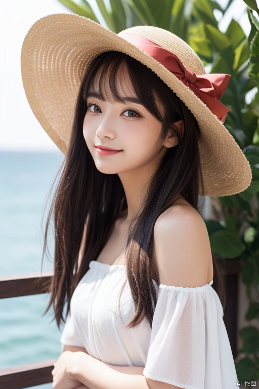 1girl, bangs, bare_shoulders, blue_eyes, brown_headwear, closed_mouth, dress, from_side, hat, hat_bow, hat_ribbon, hatsune_miku, long_hair, looking_at_viewer, off_shoulder, ribbon, smile, solo, straw_hat, sun_hat, very_long_hair, water, white_dress, white_ribbon