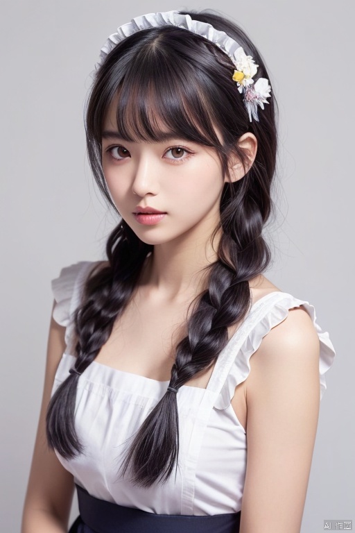 1girl, solo, long hair, looking at viewer, bangs, simple background, hair ornament, white background, dress, purple eyes, upper body, braid, flower, grey hair, multicolored hair, frills, parted lips, signature, apron, maid, maid headdress, maid apron