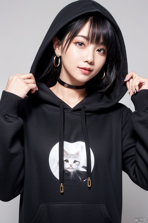solo, hood, v, grey background, 1girl, black hair, looking at viewer, choker, jewelry, hood up, multicolored hair, earrings, streaked hair, simple background, animal hood, blue eyes, signature, closed mouth, black choker, upper body, hoodie, long sleeves, short hair, dated, cat hood, sleeves past wrists, bangs, zipper, hand up, fingernails, black hoodie, ear piercing, white hair, smile, grey eyes